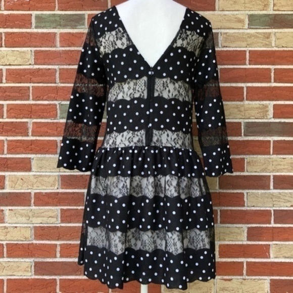 Anthropologie 02Sky Lace Polka Dot Ruched NWT Black White 3/4 Sleeve Dress 👗 - Picture 6 of 14